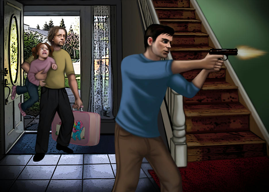 Front hallway of Radek's house, front door open to a suburban street and Radek in the doorway with Katja under his right arm and her pink My Little Pony suitcase in his left hand. In foreground, Evan is crouched in front of the stairs facing to our right, both arms raised firing his gun, and we see a muzzle flash as he shoots at intruders.