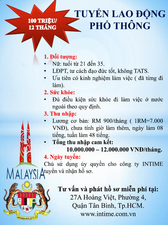 Tuyển Lao Động Phổ Thông Sang Malaysia Làm Việc - MỨC LƯƠNG HẤP DẪN