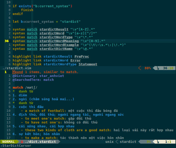 :split mode of vim-stardict