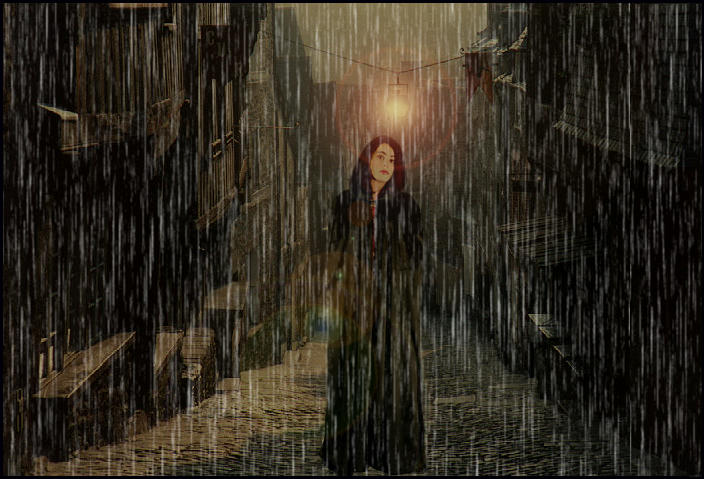 Image of a cloaked woman in a dark, rainy Medieval street