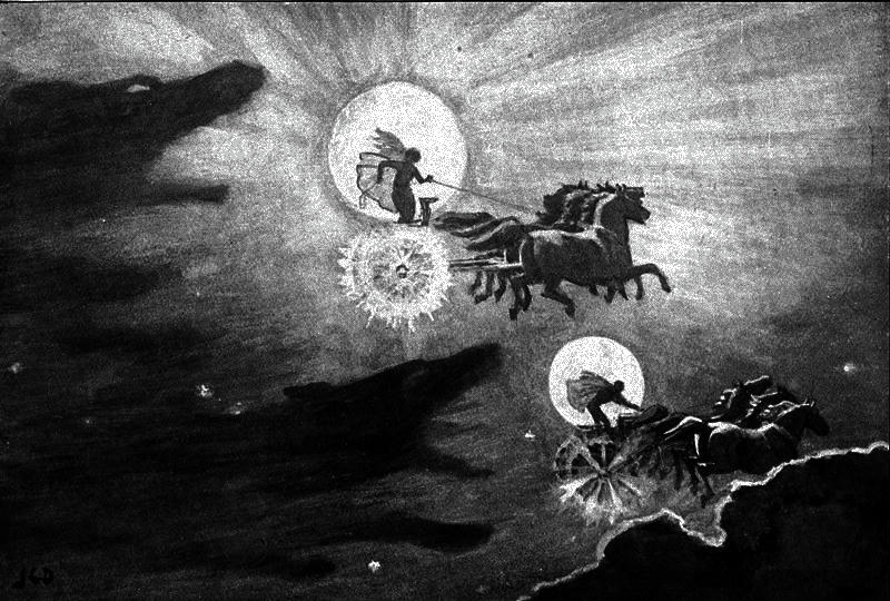  Los temibles lobos Sköll y Hati persiguiendo al Sol y la Luna