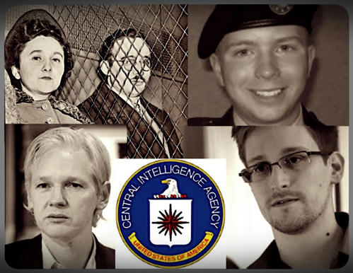  Arriba y a la izquierda: Ethel y Julius Rosenberg, ejecutados bajo cargos de espionaje comunista, arriba y a la derecha: El sargento Bradley E. Manning, encarcelado por las filtraciones de WikiLeaks. Abajo y a la izquierda, Julian Assange, el fundador de WikiLeaks, actualmente asilado en la Embajada de Ecuador en Inglaterra