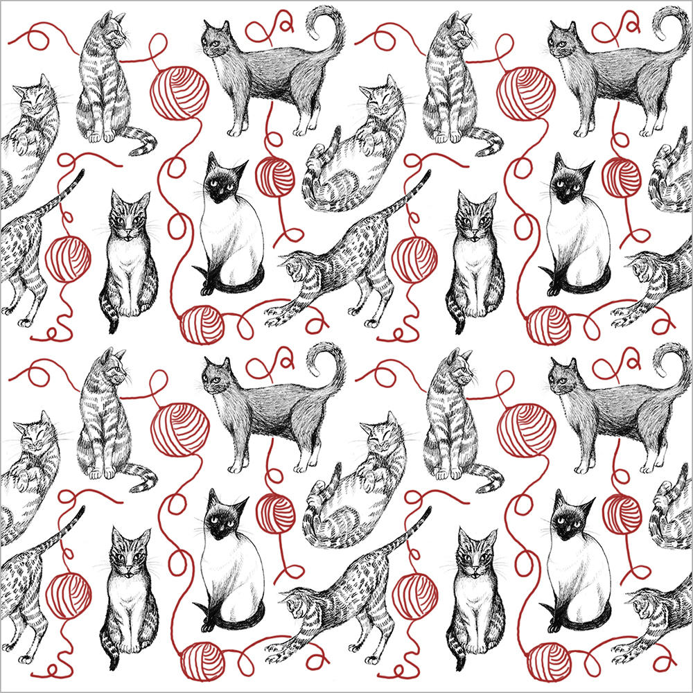 repeating pattern of black and white cat drawings joined by balls and lengths of red yarn.