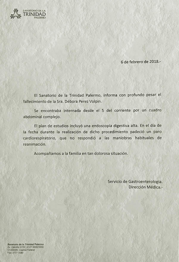 Parte médico de Débora Pérez Volpin
