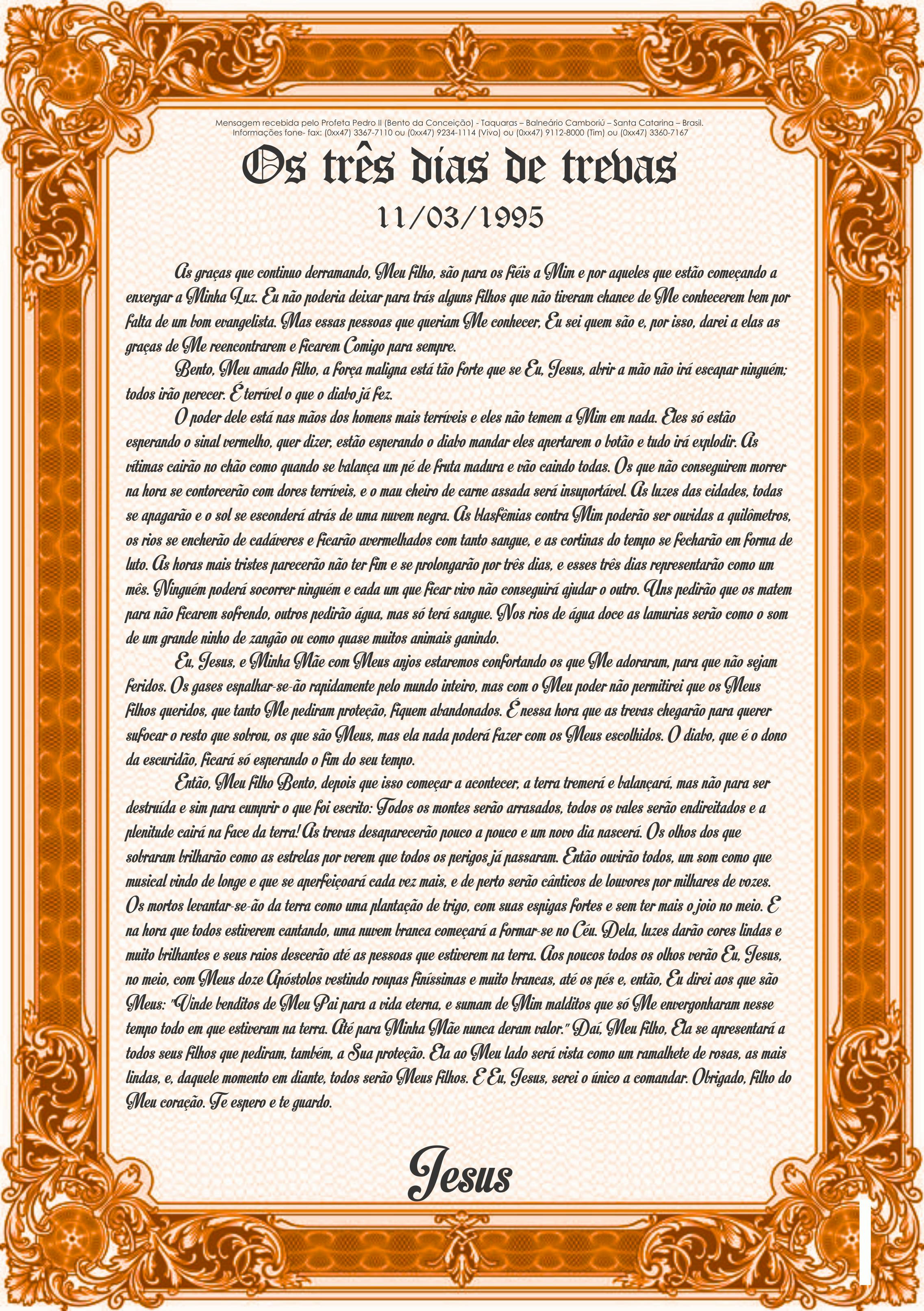Mensagem lida hoje dia 11/03/15 - Os três dias de trevas - 11/03/95