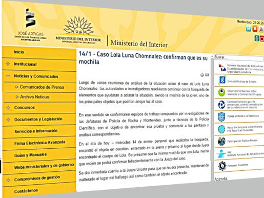  Captura de pantalla de la página Web oficial del Ministerio del Interior de Uruguay 