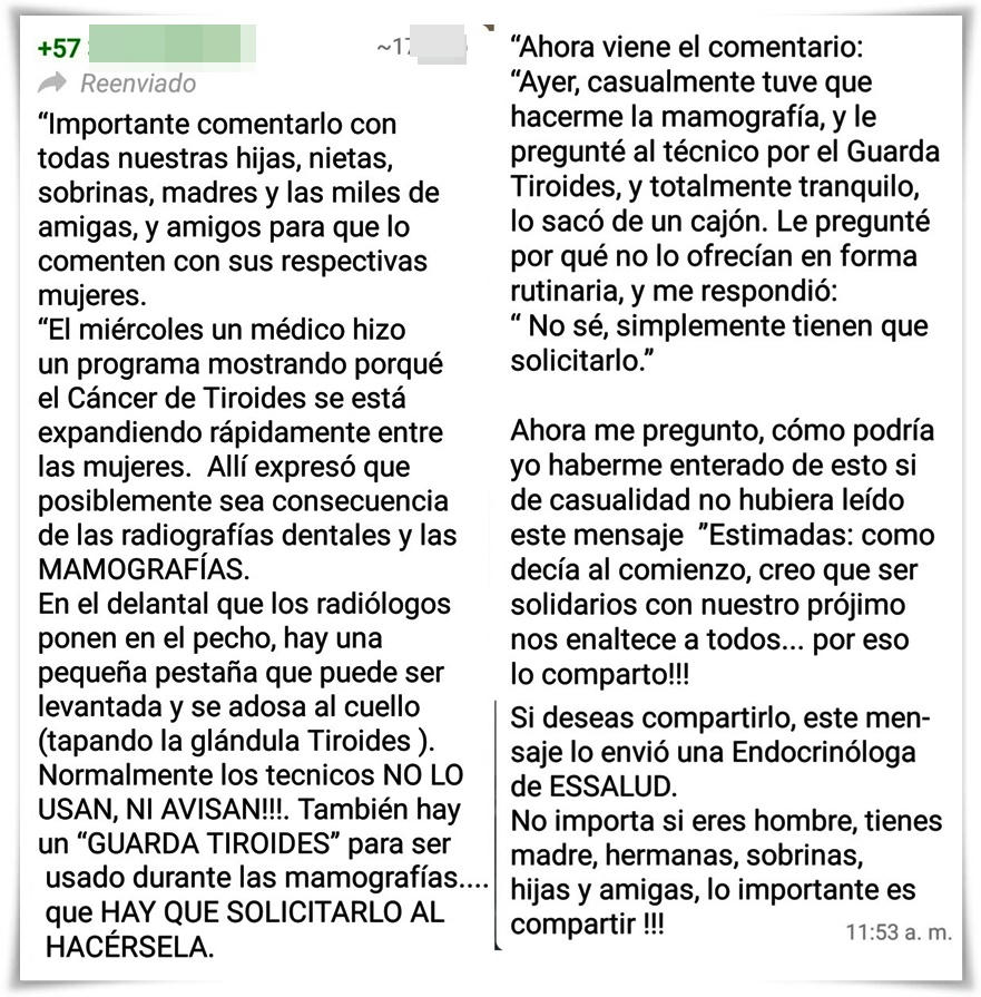  El mensaje que habla sobre las mamografías, el cáncer de tiroides y un Guarda Tiroides