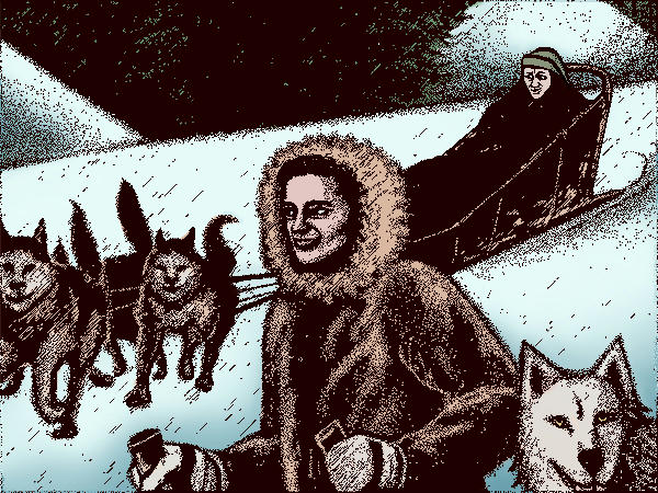 Dogsled in snowy scene, Fraser on skis, Ray huddled on sled.