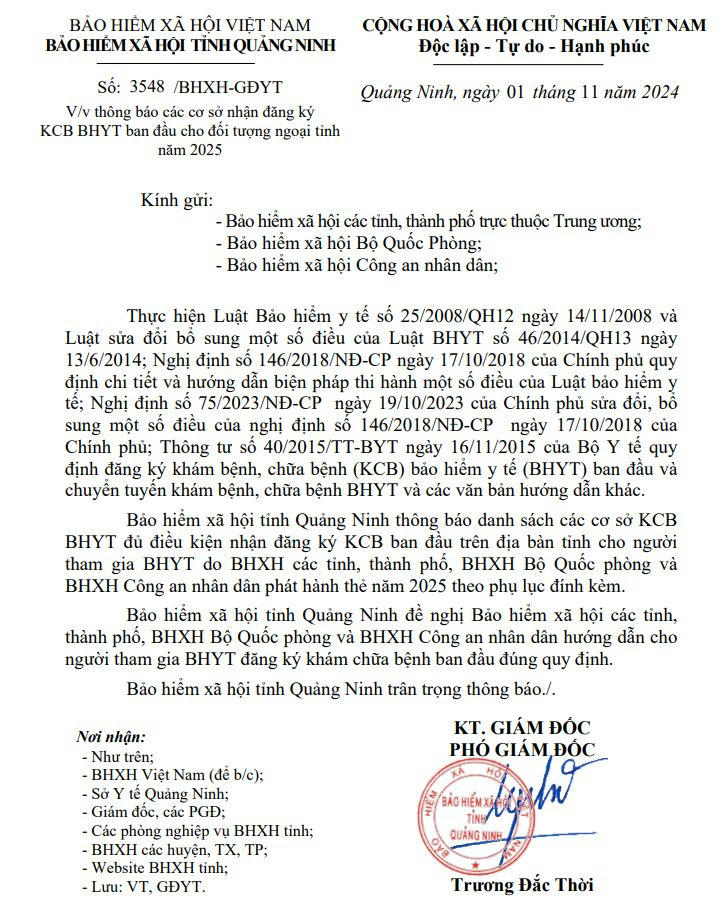 Quang Ninh 3548 CV Thông báo CS KCB BHYT tỉnh ngoài phát hành 2025.JPG