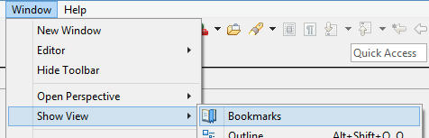 Screenshot showing what to click on for adding the Bookmarks view