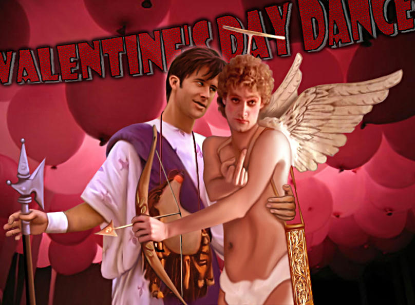 John in a fake-Greek costume and Rodney as a cupid at a Valentines Day frat party.