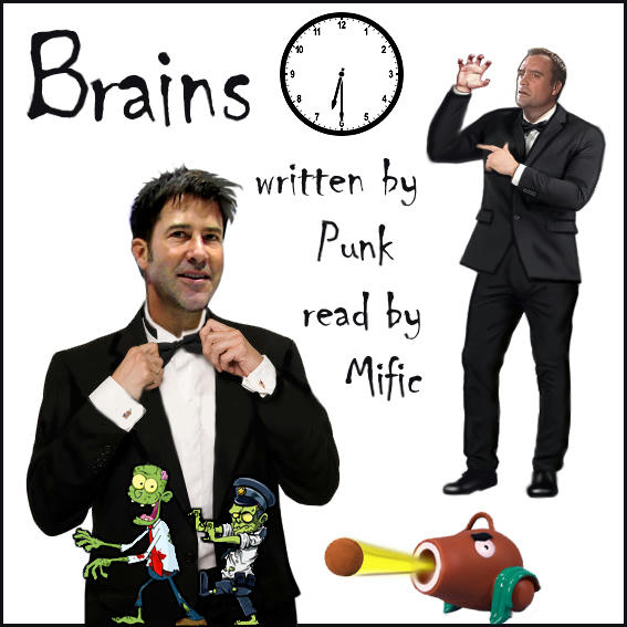 cover art for podfic - John adjusting tie, in tux, behind him agitated Rodney in tux pointing at clock. Cartoom zombie game characters in front below.