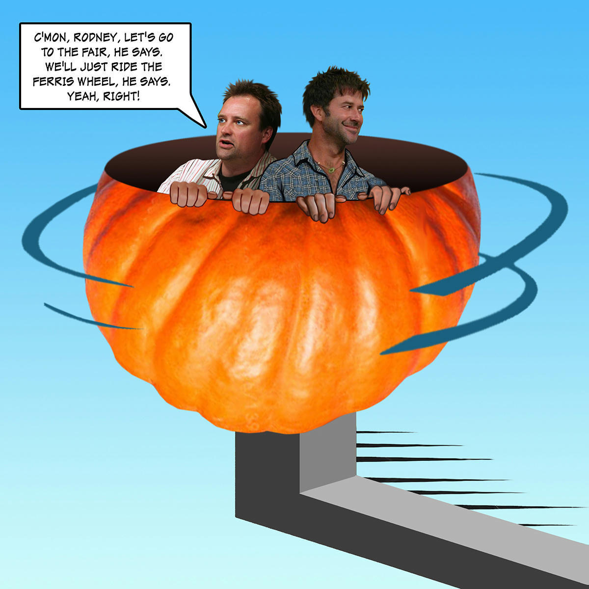 John and Rodney clutching the side of a giant pumpkin spinning through the air on a metal arm.