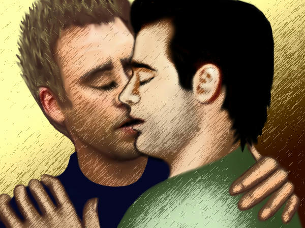 Ray and Fraser about to kiss, golden light behind.