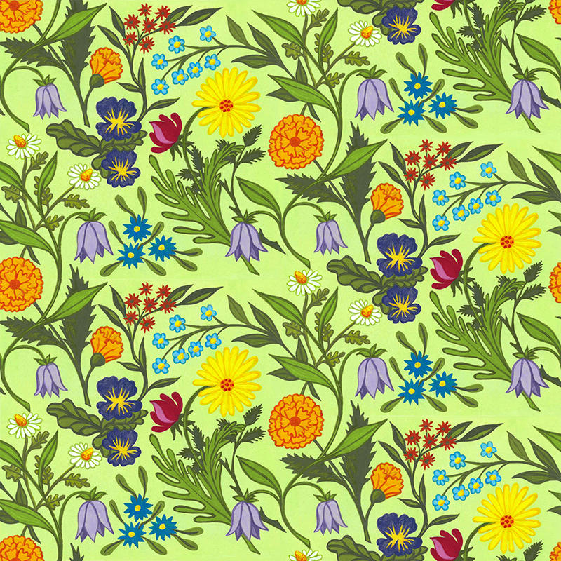 Pale green background with lots of colorful stems and sprigs of flowers intertwined on it, and their leaves.