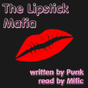 black podfic cover with red kissy lips.