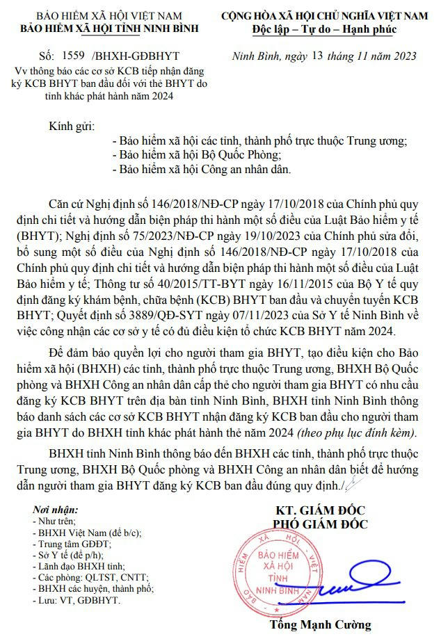 Ninh Binh 1559 CV thong bao co so KCB ban dau ngoai tinh nam 2024.JPG