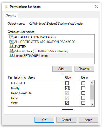 Menambah hak akses user pada Windows Host