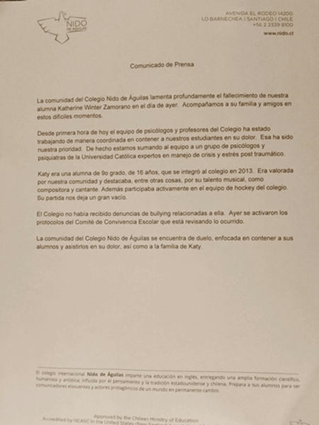 Por su lado, las directivas del International School Nido de Águilas, en un comunicado rechazaron de plano haber recibido algún tipo de denuncia sobre el bullying que hubiese podido sufrir Katy