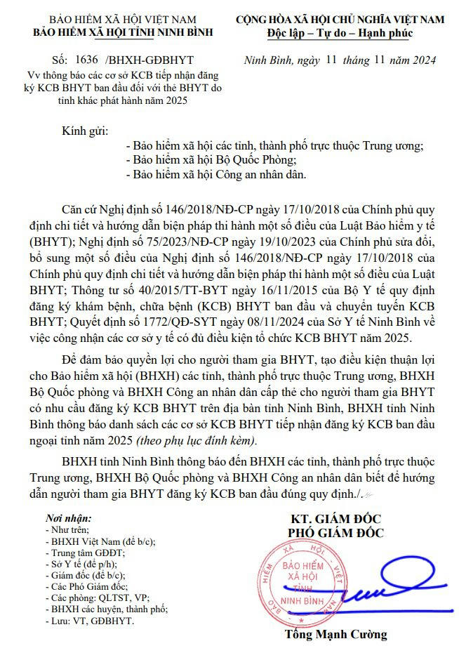 Ninh Binh 1636 CV thong bao co so KCB ban dau ngoai tinh nam 2025.JPG