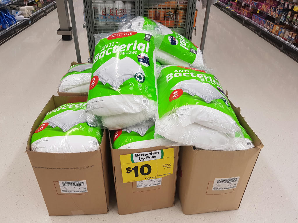 Woolworths local deal 10 for twin pack antibacterial medium profile Tontine pillows. [Was 24]