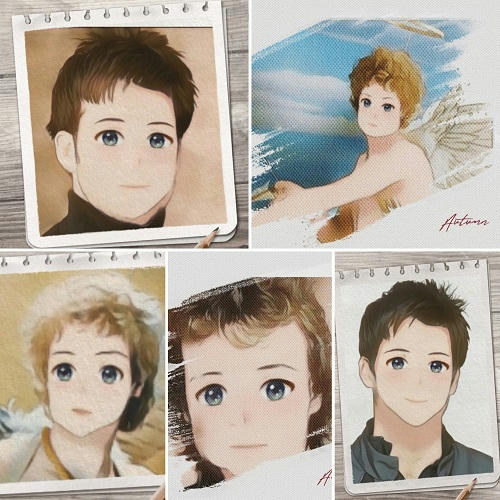 Collage of several pics of Rodney and John made into manga-like big-eyed kids. Rodney hasd wings.