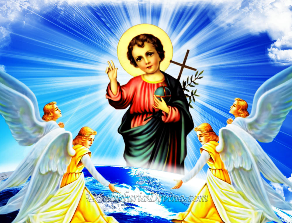 Jesús Niño con Angeles, Creador y Rey del Universo, con el mundo en sus manos