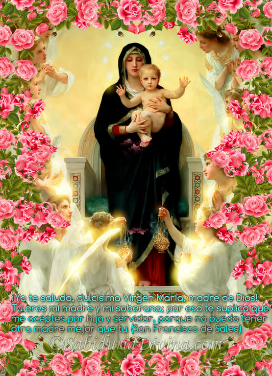 Virgen Madre con angeles entre flores rosas