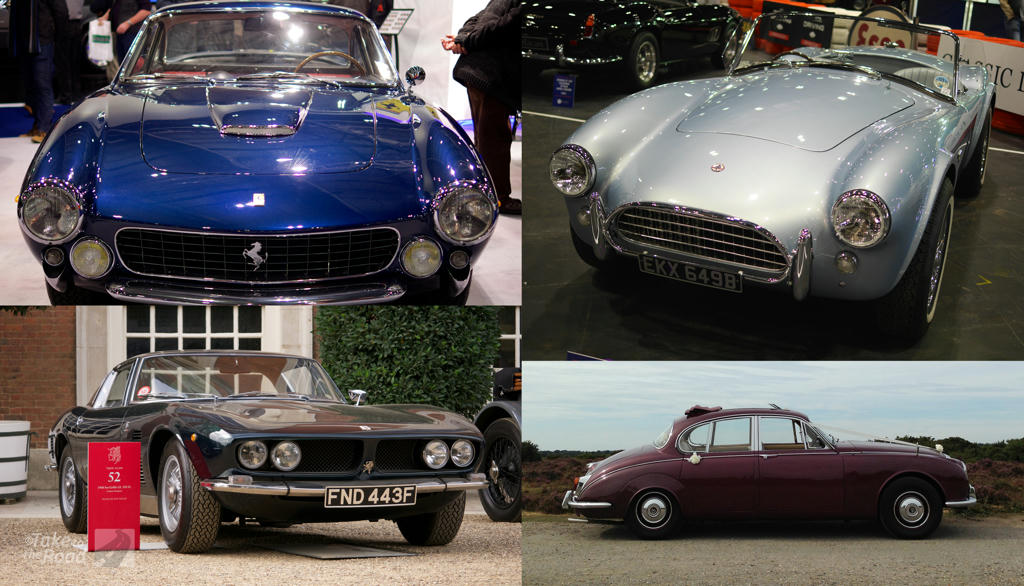 Compilation photo of a Ferrari Lusso, AC Cobra, Iso Grifo and a Daimler V8 250