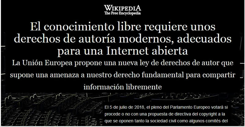 Wikipedia protesta contra propuesta de directiva sobre los derechos de autor