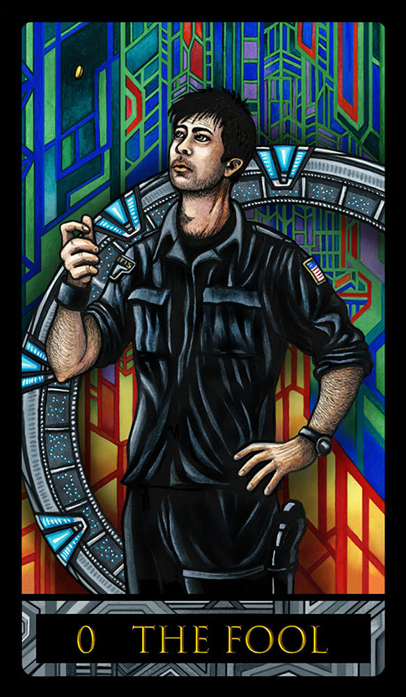 Tarot card featuring Sheppard in black uniform tossing a coin, against the multicoloured patterns of Atlantis's stained glass.